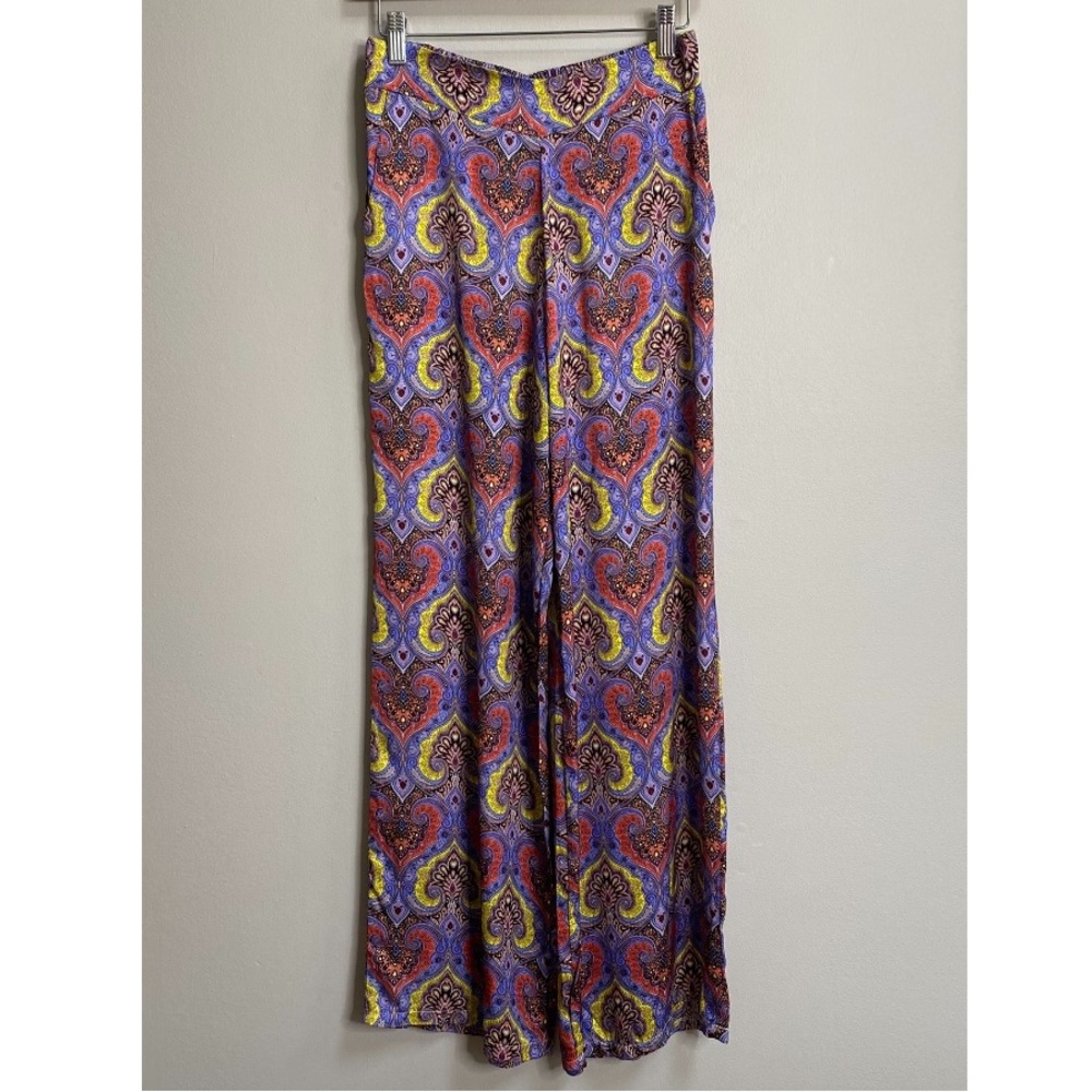 Q2 Multicolor Paisley Satin Wide Leg Pull-On Pants Size Small
